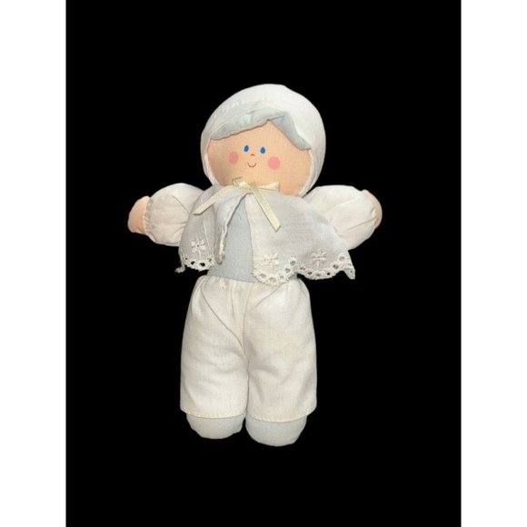 Vintage Eden 7” Plush Boy Baby Rattle Blue & White Good Condition rare - Picture 1 of 2